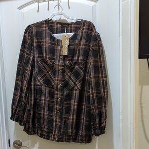 BloomChic Light Weight Flanel Checkered Full Button-Front Top